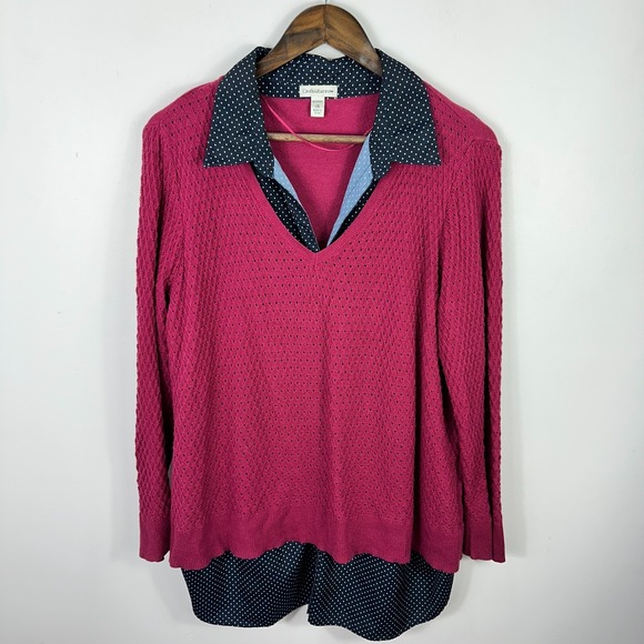 Croft & Barrow Sweater Shirt 2X Pink Polka Dot Collar Layered Preppy Career Twee - Picture 1 of 7